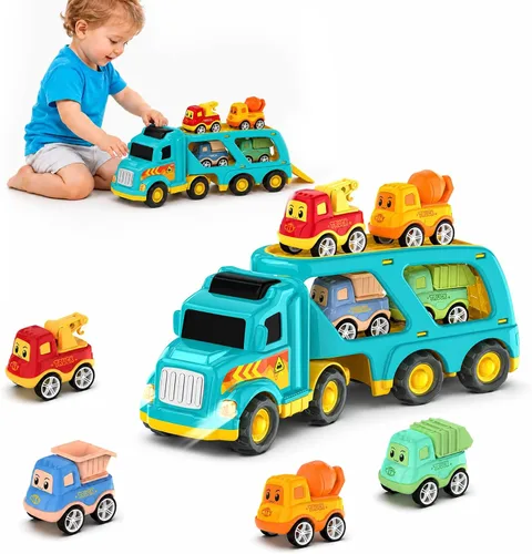 Veslier Camiones de Juguete para Niños de 2, 3, 4, 5 Años, Camiones de Construcción y Transporte para Niños Pequeños de 2-4 Años con 4 Coches de