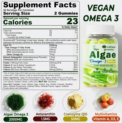 Miniatura 2 de Gomitas Omega 3 de 2200 mg de aceite de algas (DHA 640 mg y EPA 290 mg) para mujeres y hombres, alternativa de aceite de pescado vegano Omega 3