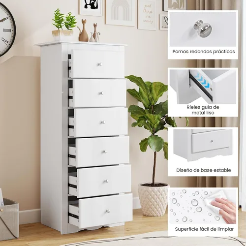 Miniatura 5 de Giantex Cómoda de 6 cajones para dormitorio, cómoda de madera con tiradores de metal y gran capacidad, 16" P x 23" A x 53.5" A, organizador de ropa