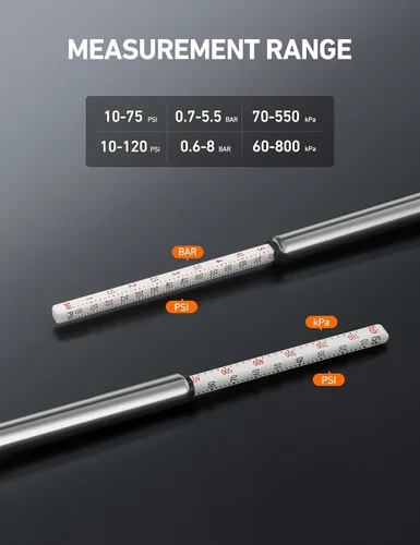 Miniatura 5 de AstroAI Manómetro de presión de neumáticos tipo lápiz, paquete de 2 (10-75 PSI, 10-120 PSI ±2% rango), tapas de válvula con estuche, cuerpo de acero
