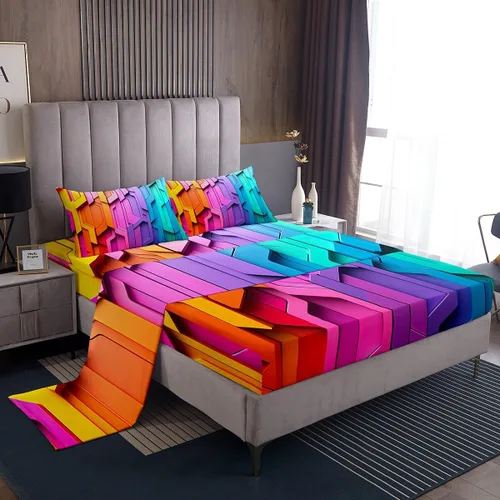 Miniatura 37 de Juego de sábana bajera ajustable de teñido anudado para niñas, juego de ropa de cama con diseño de arco iris degradado de arcoíris, lindo juego