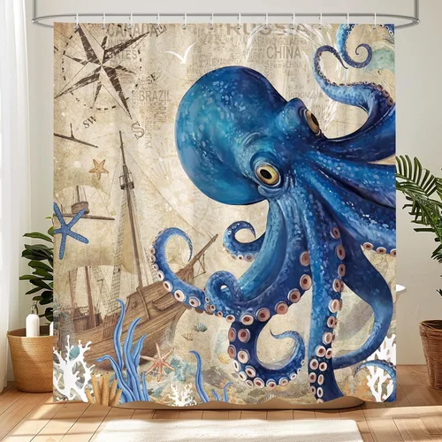 Dazzlewall Cortina de ducha de pulpo, cortina de baño azul náutico, retro, decoración de baño, tela de poliéster impermeable con 12 ganchos, 72 x 72
