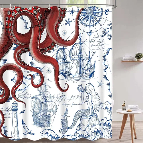 Miniatura 26 de Fungarth Cortina de ducha de pulpo náutico azul, sirena azul marino, divertida cortina de ducha estilo kraken del océano para baño, ancla fresca