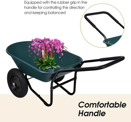 Miniatura 4 de Carretilla de jardín de 2 ruedas, carrito de jardín resistente, fácil carga y descarga para césped al aire libre, patio, granja, rancho, verde