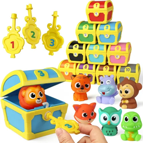 Coogam Juguetes de habilidad motora fina para niños pequeños, 10 piezas de animales sorpresa con muñecos de dedos, tesoro con cerraduras numéricas,