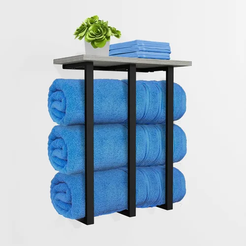 Miniatura 8 de Toallero montado en la pared con estante, hermoso almacenamiento para baño pequeño, organizador ordenado para toallas enrolladas, 3 barras de hierro