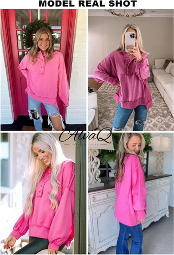 Miniatura 55 de AlvaQ - Sudadera de gran tamaño para mujer, informal, de manga larga, con botones y cuello Henley, tipo túnica