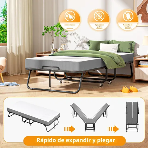 Miniatura 6 de INTERGREAT Cama plegable, cama portátil de tamaño individual de 75 x 38 pulgadas para adultos, camas plegables de metal para huéspedes con ruedas