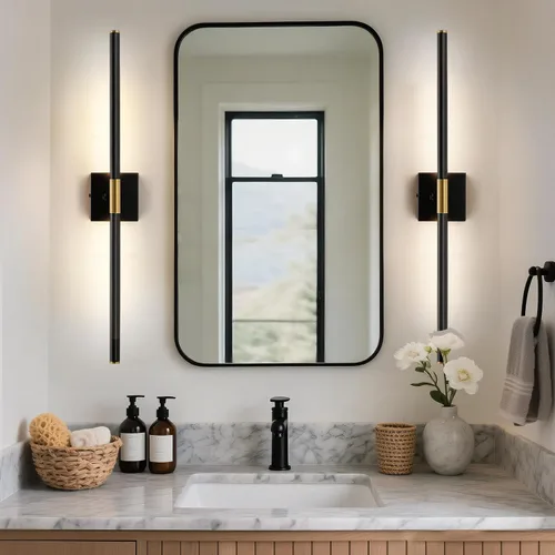 Miniatura 6 de Lámparas de tocador de baño negras y doradas para baño sobre espejo de 30 pulgadas, apliques LED de baño IP44 5CCT ajustables, luces modernas