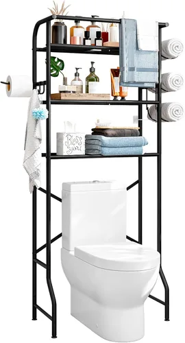 Estante de almacenamiento de metal sobre el inodoro de 3 niveles para baño con porta papel higiénico, fácil de ensamblar y ahorro de espacio (Negro)