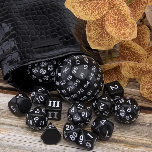 Miniatura 4 de AUSTOR juego completo de 15 dados poliédricos D3-D100 con bolsa de cuero de almacenamiento con cordón para juegos de mesa de rol (negro y blanco)