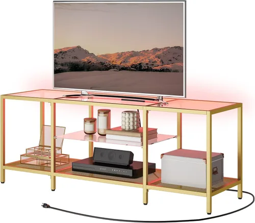 HOOBRO Soporte de TV con luces LED y tomas de corriente para televisores de hasta 65 pulgadas, moderna mesa consola de TV de vidrio templado de 55