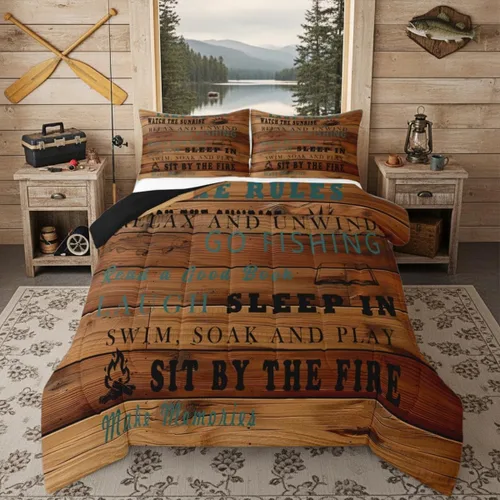 Miniatura 52 de Juego de ropa de cama King para casa del lago, juego de edredón de paleta de madera retro para regalos para amantes del lago, inserto de edredón