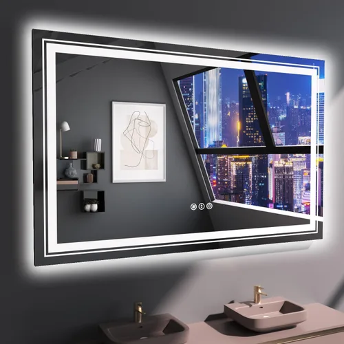 Snowdool Espejo LED de baño, 55 x 36 pulgadas con luz frontal y retroiluminada, antivaho, espejo grande de tocador de baño para pared, función de
