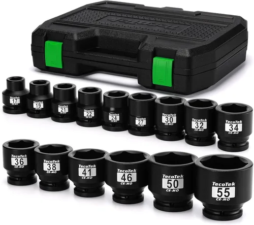 Miniatura 10 de TecoTek Juego de llaves de impacto de 3/4" de 6 puntas poco profundo, surtido jumbo de 29 piezas, CR-MO, SAE, 3/4 pulgada - 2 1/2 pulgadas, estuche