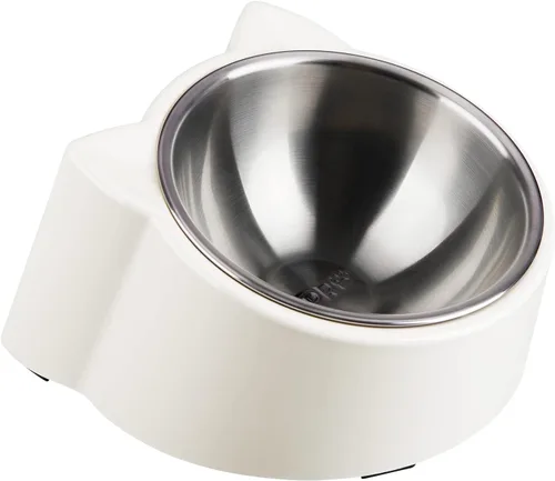 15 comedero inclinado para gatos, ortopédico, antivómitos, a prueba de derrames, elevado, inclinado, acero inoxidable, blanco
