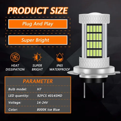 Miniatura 2 de Bombillas LED 92SMD 4014 de 8000 K, color azul hielo H7, bombillas antiniebla LED o luces de conducción diurna, lámparas DRL, 300% de brillo