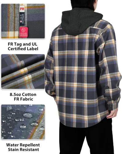 Miniatura 5 de BOCOMAL Camisas con capucha FR, camisas de franela a cuadros, con botones, resistentes al fuego, camisas de franela resistentes a la llama, chaqueta