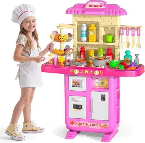 MSKOLER Juego de cocina para niñas, juguetes de cocina para niñas de 2 a 6 a 8 años con luz, sonido y pulverización, accesorios de juguete para