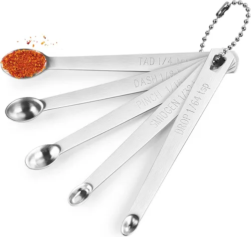 Juego de 5 mini cucharas medidoras, cucharas medidoras pequeñas de acero inoxidable Tad 1/4 cucharadita, tablero de 1/8 cucharadita, pizca 1/16 A: