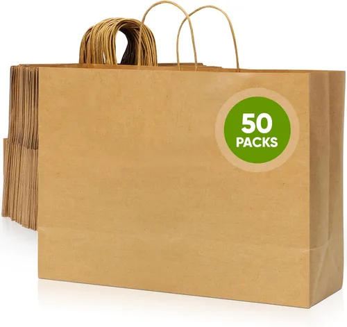 Bolsas de papel Tobvory con asas, 50 unidades de bolsas de papel kraft de 16x6x12 pulgadas, marrón, a granel, bolsa grande de papel reciclado, bolsa