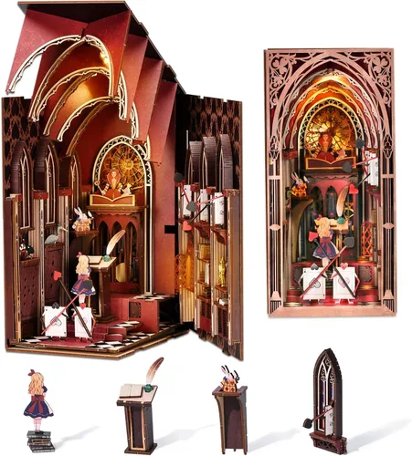 Miniatura 19 de CCCDF - Kit de manualidades para rincón de lectura de biblioteca, kit de casa de muñecas en miniatura, rompecabezas de madera 3D con luces LED