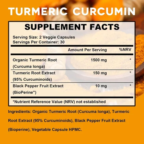 Miniatura 2 de Suplemento de curcumina de cúrcuma con pimienta negra, cápsulas orgánicas de cúrcuma de 1650 mg, 95% de curcuminoides, cúrcuma para apoyo articular