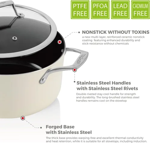 Miniatura 6 de TeChef Collection Olla de cerámica antiadherente de 5 cuartos de galón con tapa de vidrio, no tóxica, no tóxica, libre de PFAS, PFOA, PTFE