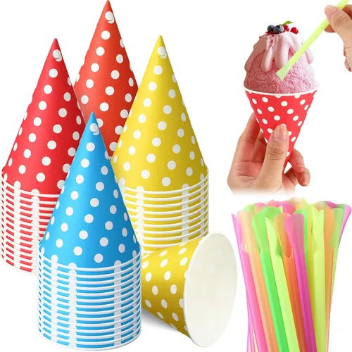 Eaasty 100 tazas de cono de nieve y pajitas de 4.5 onzas, cucharas de papel desechables, cuchara de paja para aguanieve, helado afeitado, sorbete y