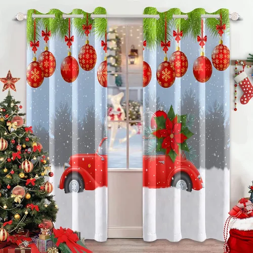 Miniatura 10 de AWERT Cortinas de Navidad con Bolas Vibrantes para Sala de Estar, Cortinas Opacas de Navidad Juego de 2 Paneles, Ojales de Acero Inoxidable Plateado