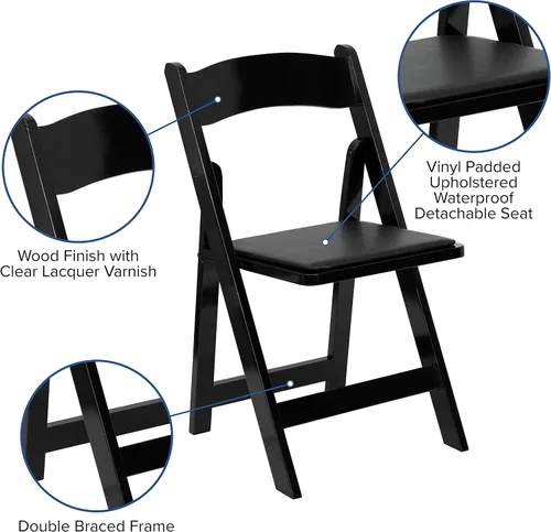 Miniatura 5 de EMMA + OLIVER Paquete de 2 sillas plegables de madera negra con asiento acolchado de vinilo Negro