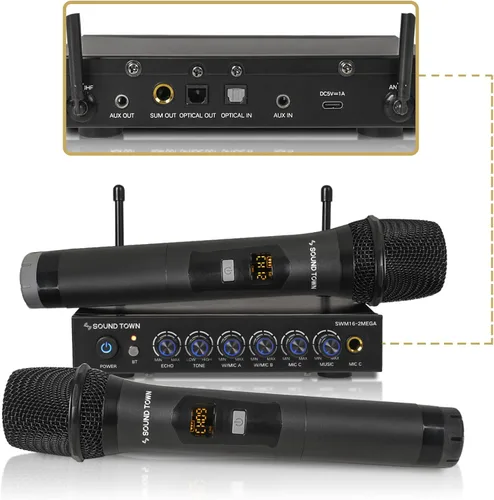 Sound Town Sistema Mezclador de Karaoke con Micrófono Inalámbrico de 100 Canales con 2 Micrófonos de Mano de Metal, Óptico (Toslink), AUX, para