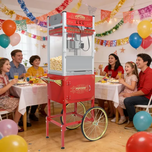 Miniatura 12 de Máquina comercial para palomitas de maíz de 32 oz con carrito - Hervidor de acero inoxidable con ruedas, bandeja calefactora y vidrio templado