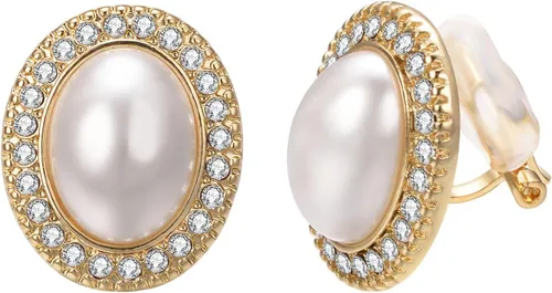 Miniatura 40 de Yoursfs Aretes de clip de perlas blancas grandes para mujer, chapados en oro de 18 quilates, hipoalergénicos, sin perforaciones, joyería brillante