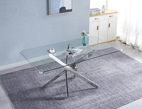 Miniatura 16 de Mesa de comedor rectangular moderna de vidrio, mesa de cocina de vidrio con parte superior de vidrio templado transparente y pedestal de base doble