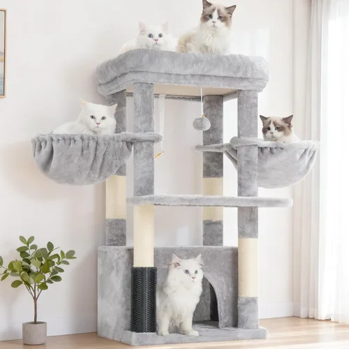 Hey-brother Torre para Gatos con Plataforma Extra Grande, Condominio Espacioso, 2 Hamacas Cómodas, Cepillo de Auto-Acicalamiento, Postes Rascadores