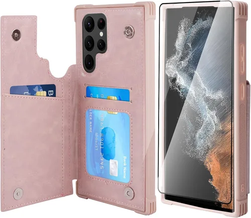 Miniatura 25 de VANAVAGY Funda tipo cartera compatible con Galaxy S22 con soporte para tarjetas de bloqueo RFID, piel sintética, cierre magnético, función atril