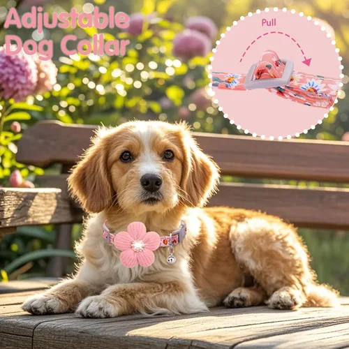 Miniatura 5 de Collar para perro mediano con flor, collares de perro para perros medianos Collar para niña Collar de perro lindo con campana, longitud ajustable