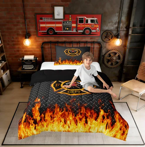Juegos de Edredón de Bombero Tamaño Twin para Niños, Adultos y Adolescentes, Juego de Ropa de Cama con Patrón de Insignia de Bombero y Llama