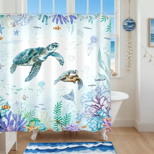 Miniatura 9 de Moutina Cortina de ducha náutica de tortuga marina, decoración de baño con temática oceánica, juego de cortina de ducha costera de playa, 72 x 72