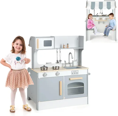 Miniatura 9 de HONEY JOY Juego de cocina para niños, cocina de doble cara para niños pequeños y restaurantes, utensilios de cocina, microondas, fregadero, gabinete