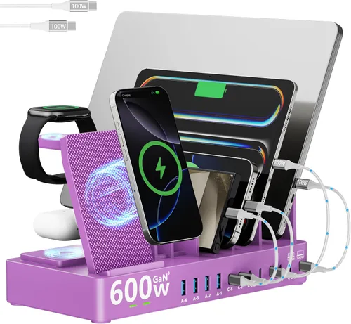 Miniatura 7 de Estación de carga de 600 W para múltiples dispositivos, estación de carga inalámbrica 15 en 1 para Apple, estación de carga dual USB C de 100 W