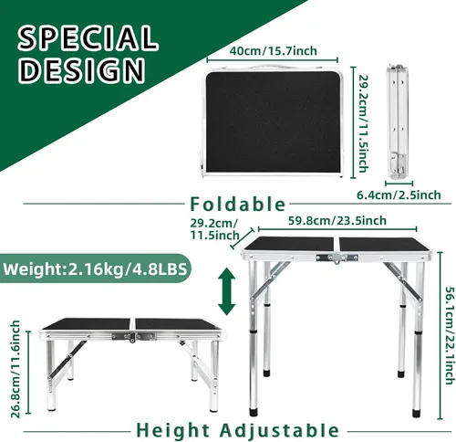Miniatura 2 de Mesa plegable pequeña de 2 pies, mesa de campamento ligera de altura ajustable, mesa portátil de fácil instalación, mesas de playa plegables