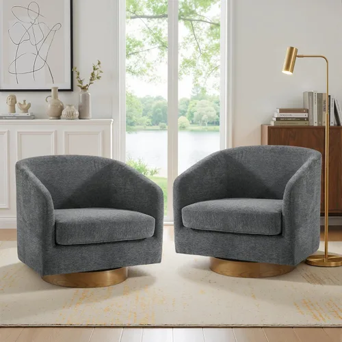 Miniatura 38 de Juego de 2 Sillas Giratorias de Acento, Silla Barril Tapizada en Tela para Sala de Estar, Cómodo Sillón Redondo Sofá Individual Asiento de Lino Beige