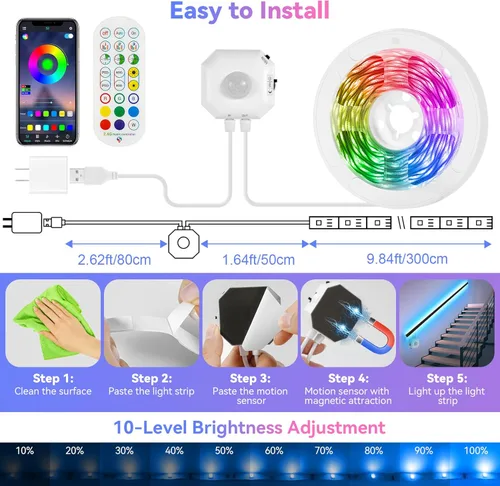Miniatura 7 de Tira de luces LED con sensor de movimiento, 2x9.8 pies de luces LED RGB activadas por movimiento para debajo de la cama, luces sincronizadas