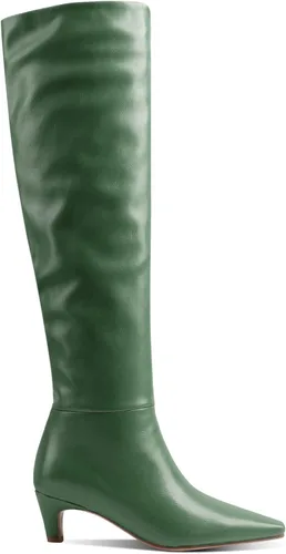 Miniatura 4 de MOOMMO Botas altas de tacón de gatito sobre la rodilla para mujer, punta cuadrada, de cuero mate, de meter de pantorrilla ancha, plisadas, tacón