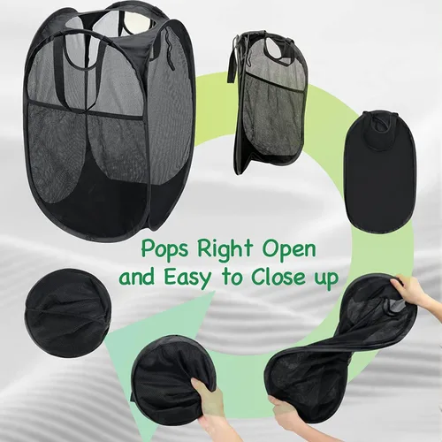 Miniatura 3 de AQQA Juego de 9 cestas de malla para la ropa sucia, negro/blanco/azul, asas duraderas, plegable, construcción de malla resistente, ideal para niños