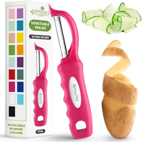 Miniatura 11 de Spring Chef Pelador de verduras giratorio profesional rojo para cocina, peladores de papas de acero inoxidable con mango de agarre suave, perfecto