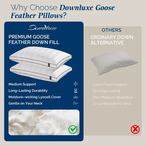Miniatura 9 de downluxe - Almohadas de plumas de ganso y plumón - Juego de 2 almohadas con refuerzo de colección hotelera para dormir de espaldas, boca abajo