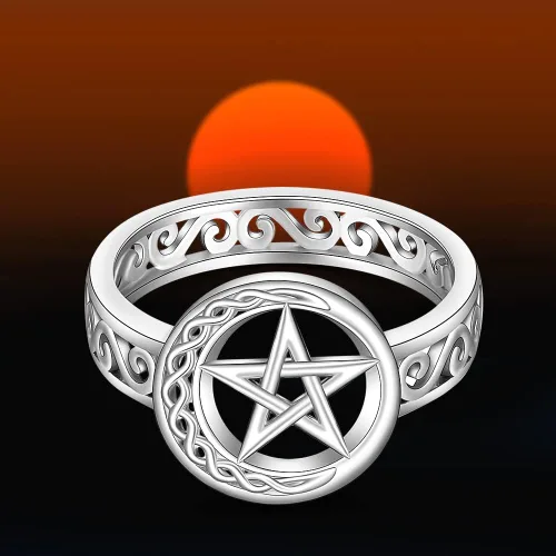 Miniatura 8 de Talonior Anillo de pentagrama con pentáculo para mujer, nudo celta, luna creciente, bruja, wicca, anillos paganos, plata de ley, amuleto, estrella